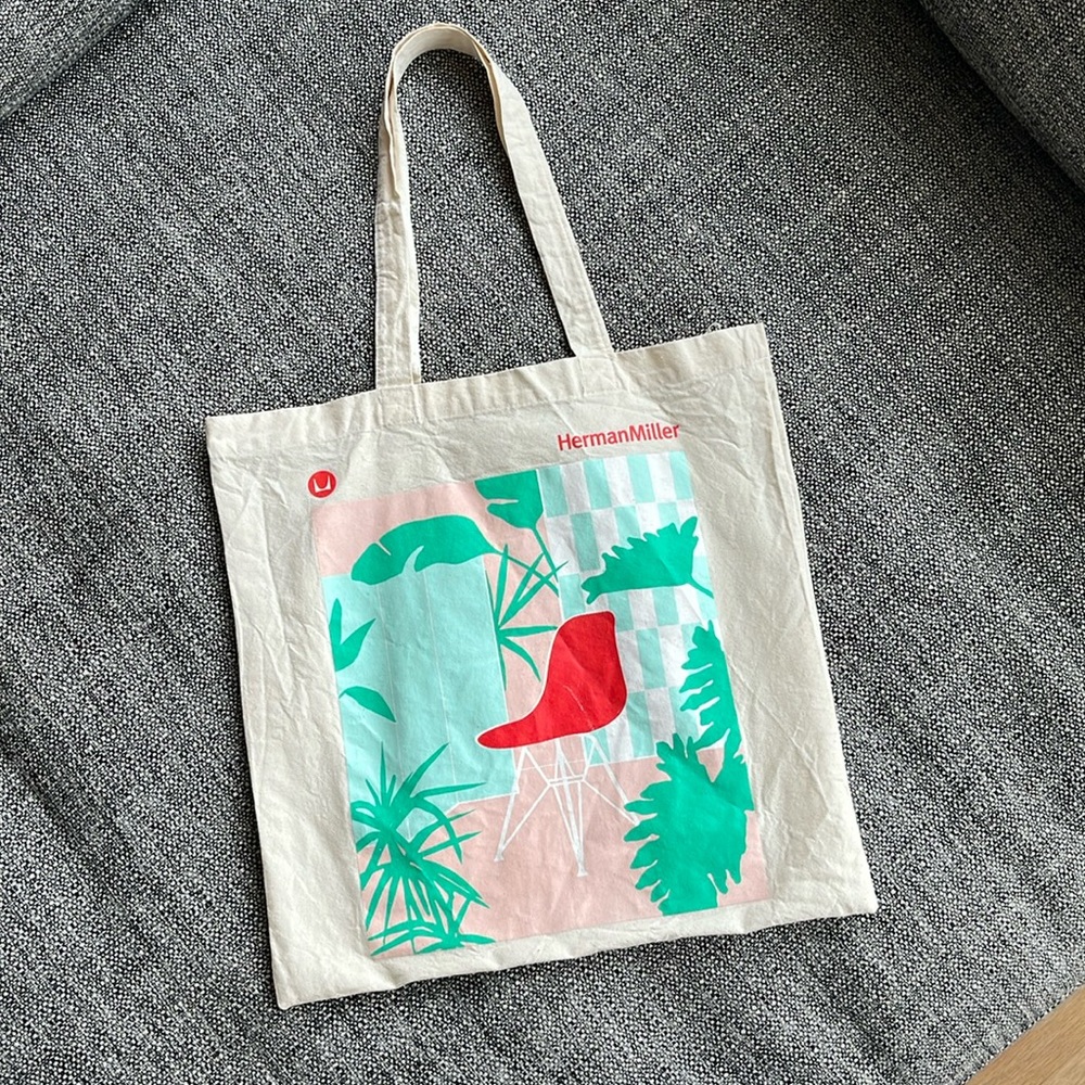 Rare! Herman Miller oatmeal canvas print tote, red pink green